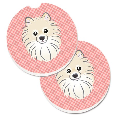 Carolines Treasures Checkerboard Pink Pomeranian Set of 2 Cup Holder Car Coaster BB1207CARC